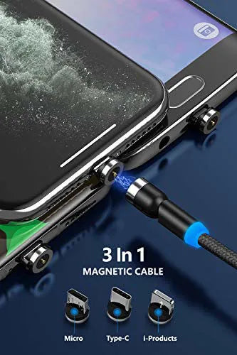 540° ROTATABLE HIGH QUALITY 3 IN 1 FAST MAGNETIC CHARGING CABLE WITH 3 PINS